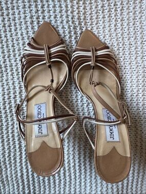 Jimmy Choo Brown and White Strappy Leather Heel Sandals